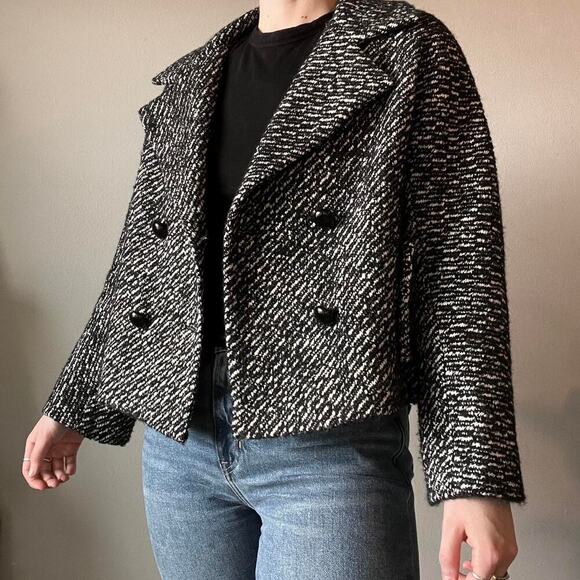 Talbots Double Breasted Tweed Wool Blend Jacket Size 10 Petite Black White - Picture 3 of 9